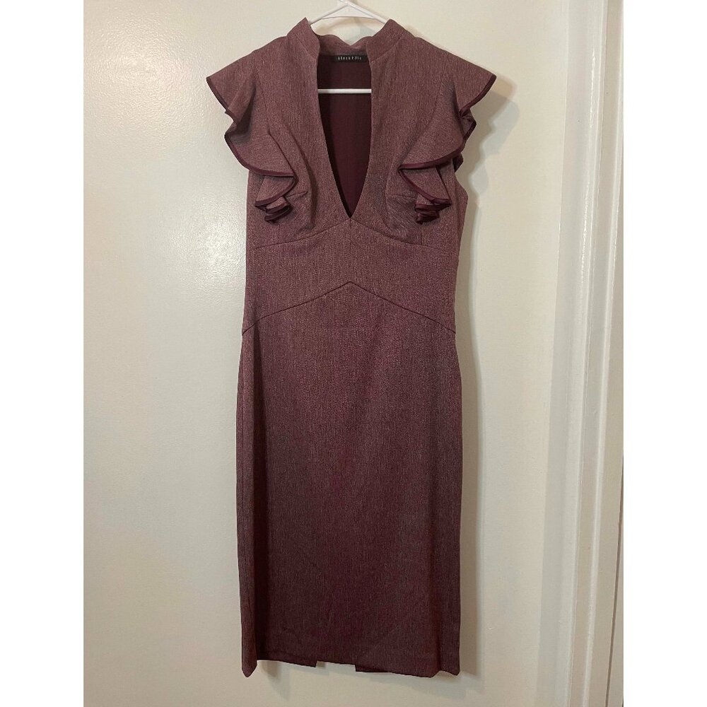 Black Halo Women's Eva Ruffle Split Plunge V Neck Midi Sheath Dress